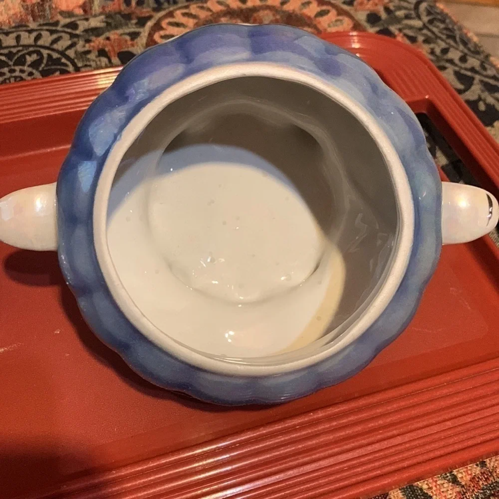 Vintage Blue & White Floral Iridescent Carnival Glass Footed Candy Dish With Lid